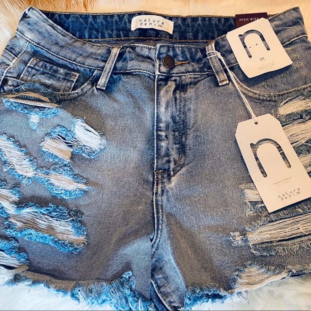 High Waist Destroyed Denim Shorts - Picture 1 of 7